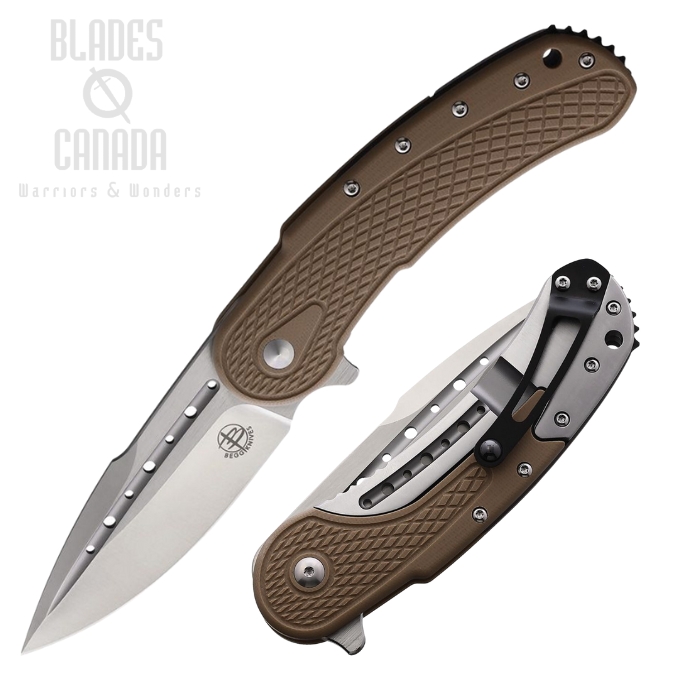 Begg Knives Bodega Flipper Framelock Knife, D2 Satin, G10 Tan, BG011